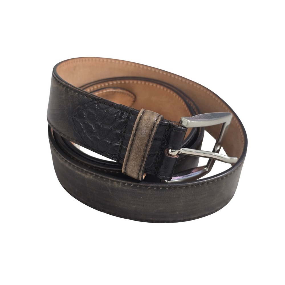 Paul Fredrick Mens Black Leather Croc Embossed Belt Made in Italy Size 44 BHL100